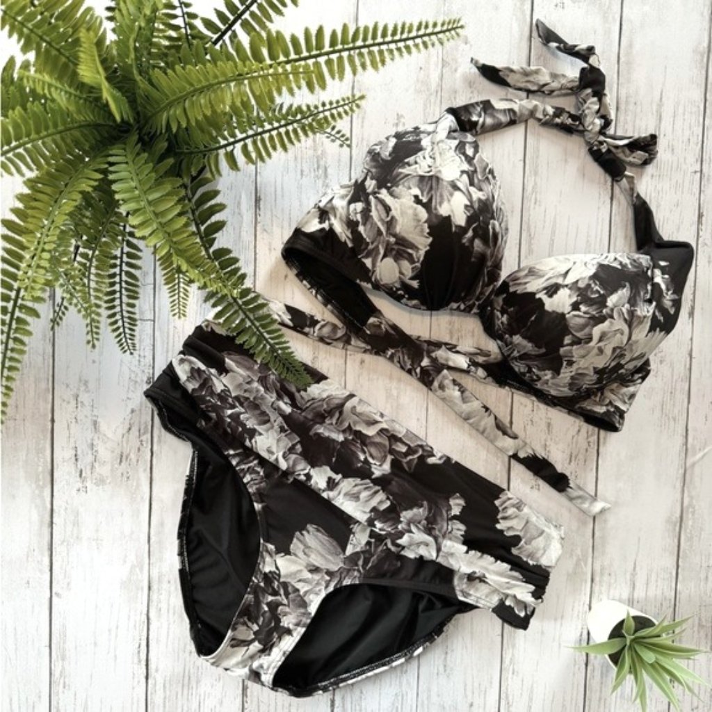 La Vie En Rose Black And Ivory Floral Bikini Set